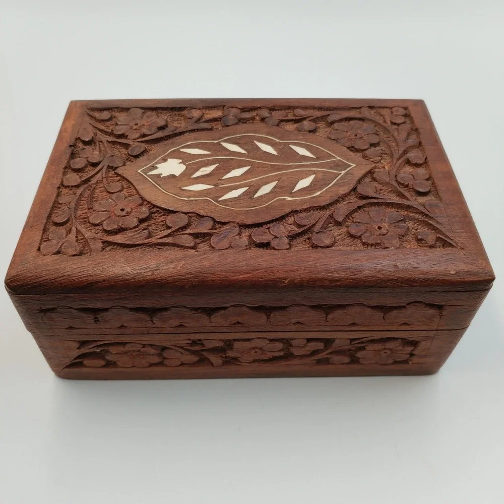 Vintage Hand Carved Indian‎ Wood Jewelry Box Inlay Floral Trinket Boho 6